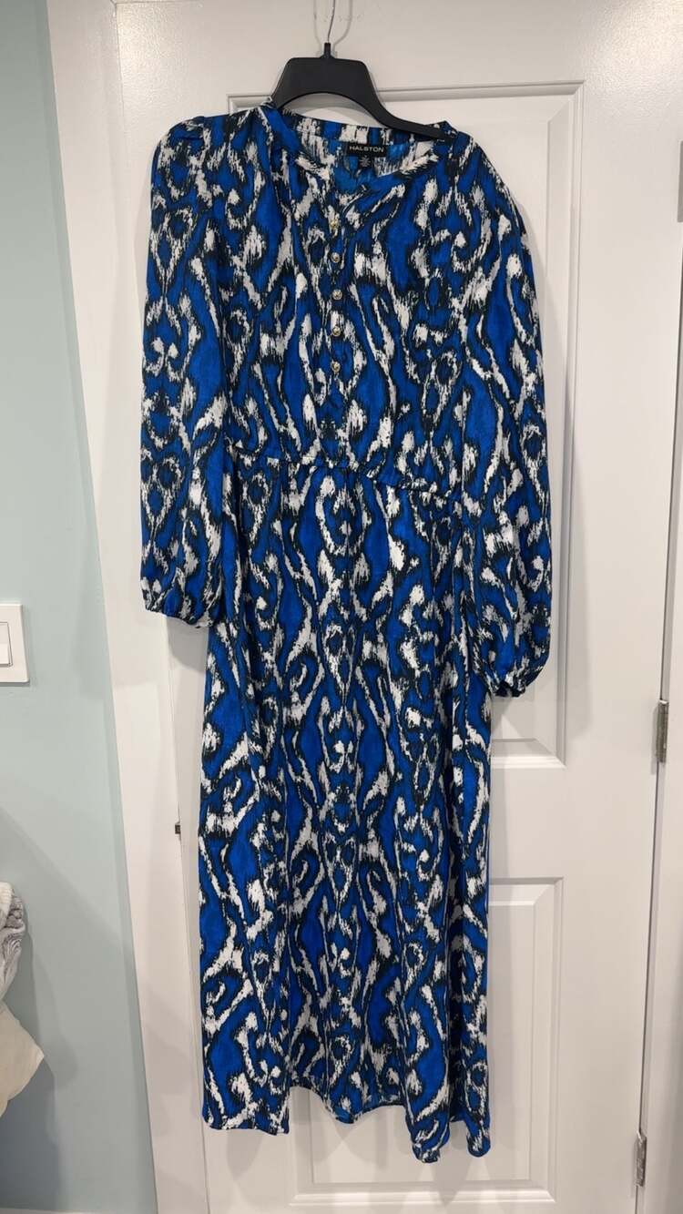 Halston Blue and Black Abstract Print Long Sleeve Maxi Dress